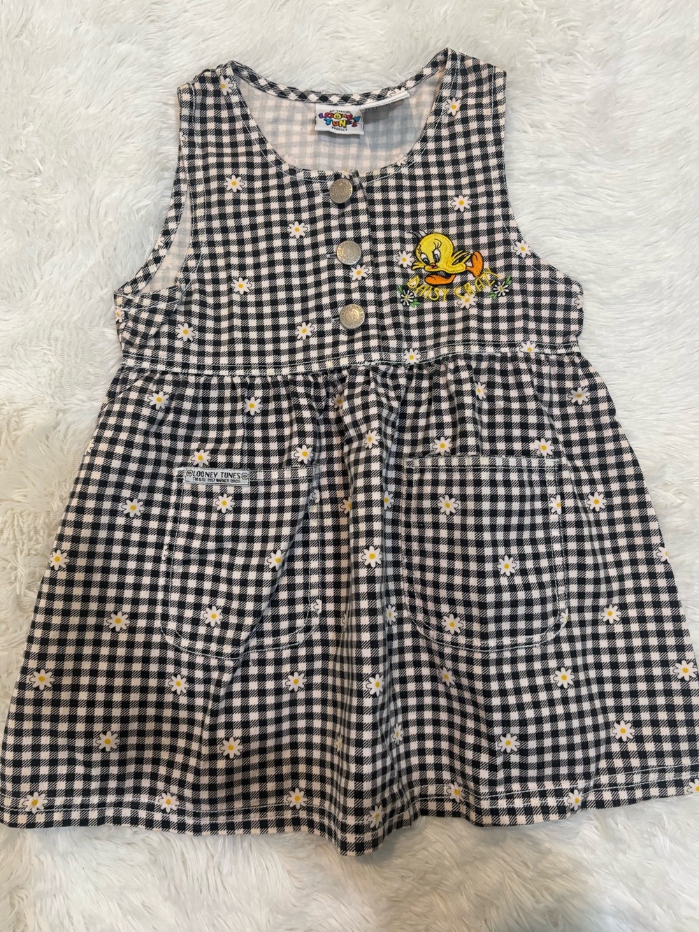 Looney Tunes Tweety Bird Crazy Daisy Embroidered Checkered Floral Dress
